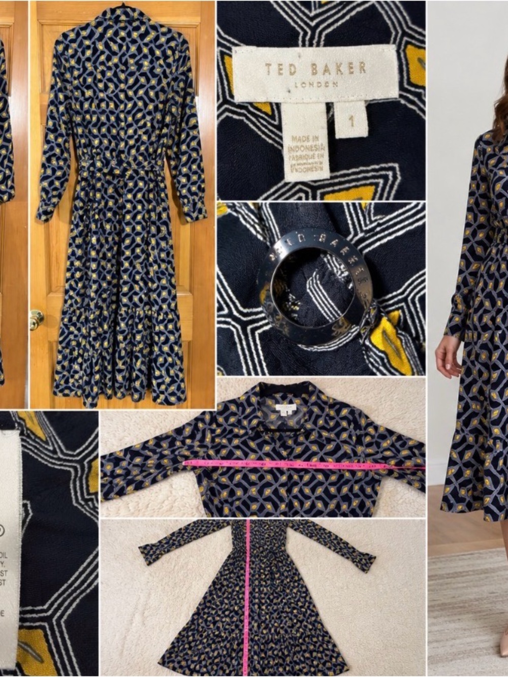 Ted Baker London Geometric Print Midi Dress Size 1 Navy Yellow Belted Long Sleev